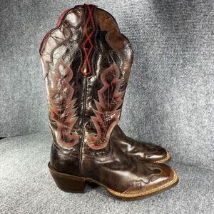 Ariat Cowboy Boots Womens 8 Brown Red Leather Flames Square Toe Western